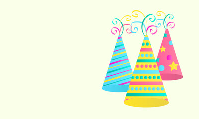 three party caps on a clair background with space to insert your text. holiday hats in pink, yellow and blue with various patterns for cards, banners and posters. vector illustration
