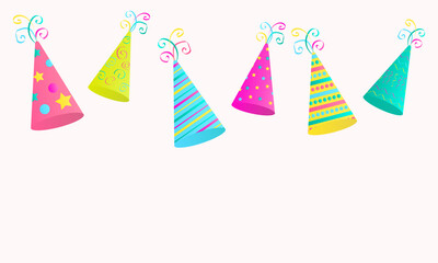 multicolored festive caps on a light background with an empty place to insert text or images. Party Happy Holidays Hats for Cover, Background or Wallpaper