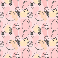 Girly doodle pattern with diamonds, hearts, rings, cakes, sweets, clouds. Seamless texture for wallpaper, textiles, scrapbooking. Hand-drawn vector illustration.