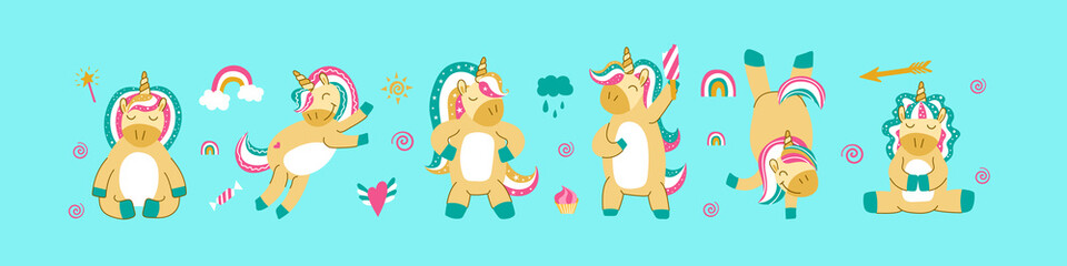 Cute cartoon unicorns on mint background. Funny animals in different poses and situations. Vector illustration.