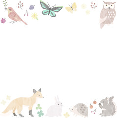 水彩風の森の動物たちのフレーム(白バックー正方形)