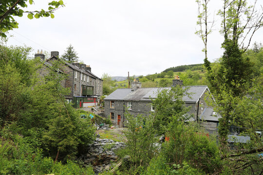 A view of historic Welsh slate mine workers cottages in Corris Uchaf, Gwynedd, Wales, UK.