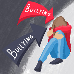 A hand-drawn picture on the theme of female bullying: a crying woman huddled in a ball, aggressive arrows with the inscription 