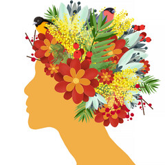 Profile of a woman with a bouquet on her head instead of hair. Various flowers, berries, mimosa branches, live birds. A bright cheerful drawing for the hair salon, spa, tourism and leisure industry. - 437693156
