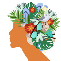 Profile of a woman with a bouquet on her head instead of hair made of exotic plants and accessories for sea holidays: flip-flops, suntan lotion, passport, glasses. - 437693184