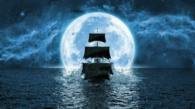 sailing ship emerges from under the water against the backdrop of a large moon, 3d animation
