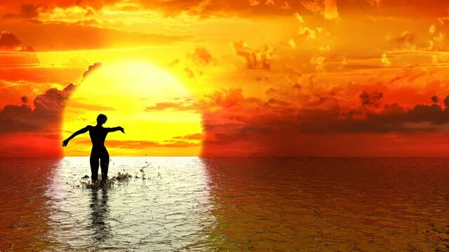 silhouette of a dancing woman in the ocean on a sunset background, 3d animation