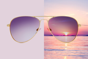 aviator sunglasses isolated on purple and summer sunset background with sea and red sky, concept of...