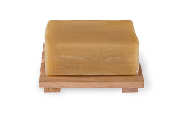 Eco friendly organic handmade soap on a wooden stand isolated on white. Concept zero waste.