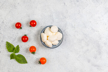 Delicious Italian caprese salad with sliced red and orange cherry tomatoes and mozzarela balls.