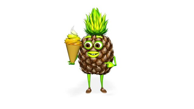 3d Character Pineapple Shows Ice Cream Loop on White Background