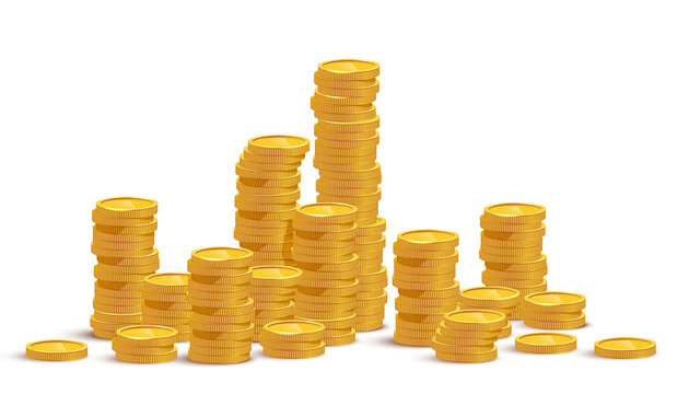 Gold coin stacks mockup vector illustration. Cash heap, wealth isolated on white background. Banking service, money loan. Successful investment, jackpot. Salary increase, revenue growth.