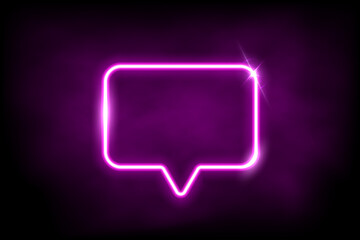 Glowing pink neon speech bubble sign. Electric light rectangle frame isolated on dark background with fog. Vector design element. - obrazy, fototapety, plakaty
