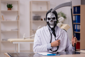 Reaper grim doctor examining skeleton patient