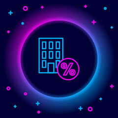 Glowing neon line House with percant discount tag icon isolated on black background. Real estate home. Credit percentage symbol. Colorful outline concept. Vector