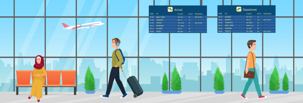 Passenger people with luggage waiting for airplane flight in airport departure room interior vector illustration. Cartoon young muslim woman character in hijab sitting in chair, man walking background