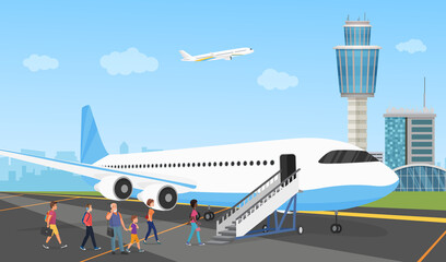 People in airport, queue of travelers and aircraft vector illustration. Cartoon passengers with bags standing in line, climb ladder to board aircraft before boarding travel flight adventure background