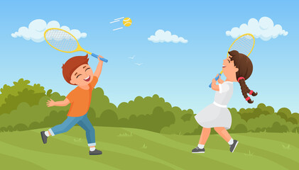 Kids play tennis in summer park vector illustration. Cartoon excited boy girl player characters training, playing sport game together outdoors, holding rackets, active healthy lifestyle background