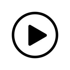 Play button. Icon play video. Sign arrow. Symbol player. Black triangle button isolated on white background. Circle click start  media, music, audio, multimedia. Graphic flat icon. Vector illustration