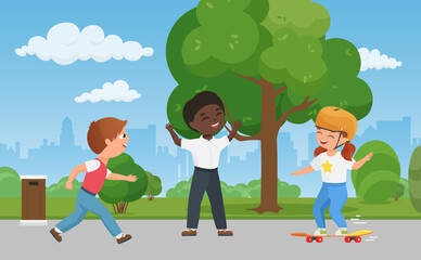 Happy children have fun together in city park, kid skate boarding vector illustration. Cartoon boy child characters play game, girl in helmet playing skateboard, healthy sport activity background