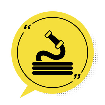 Black Garden hose icon isolated on white background. Spray gun icon. Watering equipment. Yellow speech bubble symbol. Vector