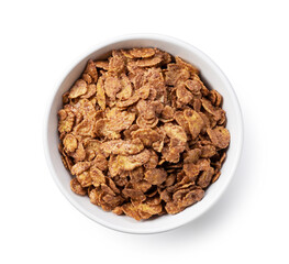 Chocolate cornflakes in a white ceramic bowl.