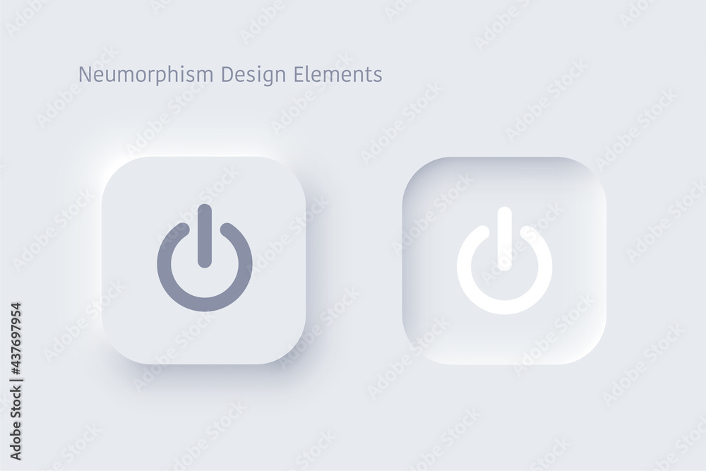 Poster Editable neomorphism on off square shape power button set. Objects for website, mobile menu, navigation and application. Realistic vector design. UI component isolated on white background.