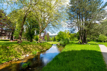 Peace and idyll in spring in the spa gardens of Bad Herrenalb in the Black Forest