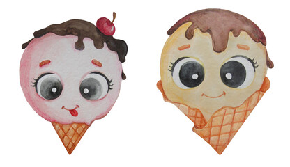 Cute character. Ice cream pair - Girl and boy chocolate ice cream scoop with eyes and smile in a waffle cup. Watercolor illustration. Childrens collection