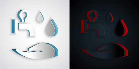 Paper cut Wudhu icon isolated on grey and black background. Muslim man doing ablution. Paper art style. Vector