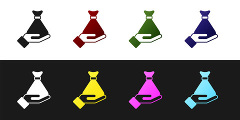 Set Money in hand icon isolated on black and white background. Insurance concept. Security, safety, protection, protect concept. Vector