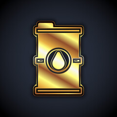 Gold Bio fuel barrel icon isolated on black background. Eco bio and canister. Green environment and recycle. Vector