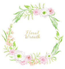 Watercolor flower wreath. Hand drawn round floral frame isolated on white background. Botanical arrangement. Elegant composition with pastel flower buds for wedding invitations, save the date, cards.