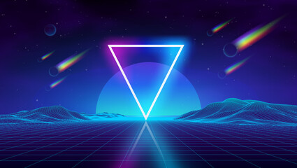 Synth wave retro city landscape background sunset 3d landscape with rainbow comets. Futuristic landscape 1980s style. Neon triangle synthwave digital wireframe landscape . Retro fashion Sci-Fi