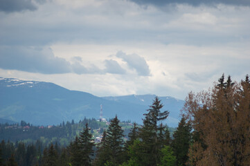 Beautiful spring panorama of the Carpathian mountains
