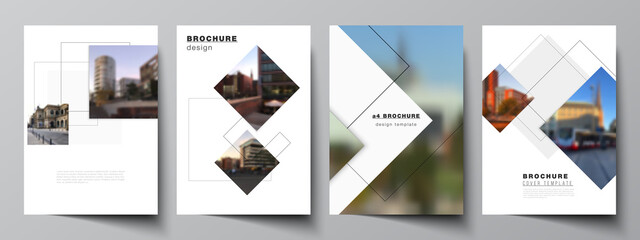 Vector layout of A4 format cover mockups design templates with geometric simple shapes, lines and photo place for brochure, flyer layout, booklet, cover design, book, brochure cover.