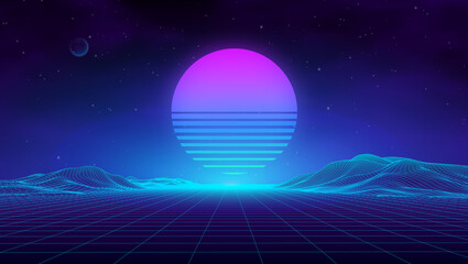Retro landscape blue background. 3d vector background. Futuristic technology mountain landscape. Digital city neon 80s technology music background. EPS 10. © RDVector
