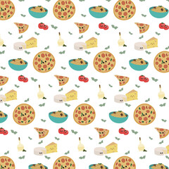 Italian food pattern. Tasty food. Pizza, spaghetti, cheese, tomatoes. Vector illustration.