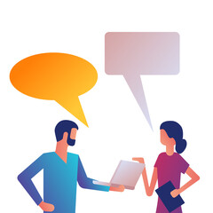 Business people talking. Man and woman are talking. Business negotiations. Work discussion. Corporate meeting. Discussion of news and trends. Vector flat. Dialogue speech bubbles. Template for speech.