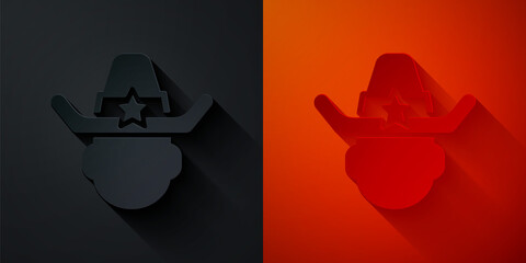 Paper cut Sheriff cowboy hat with star badge icon isolated on black and red background. Police officer. Paper art style. Vector