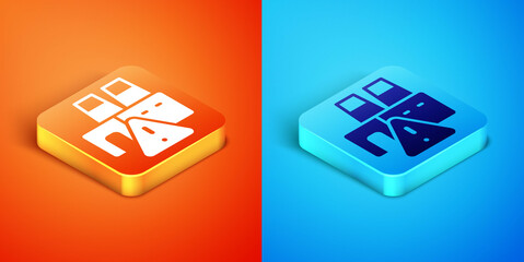 Isometric Shutdown of factory icon isolated on orange and blue background. Industrial building. Vector
