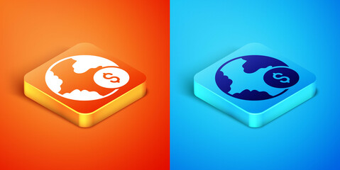 Isometric Global economic crisis icon isolated on orange and blue background. World finance crisis. Vector