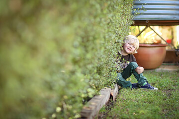 Little blonde boy sitting alongside lush green hedge in backyard with cute smile