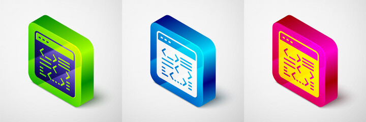 Isometric Software, web developer programming code icon isolated on grey background. Javascript computer script random parts of program code. Square button. Vector