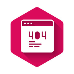 White Page with a 404 error icon isolated with long shadow background. Template reports that the page is not found. Pink hexagon button. Vector