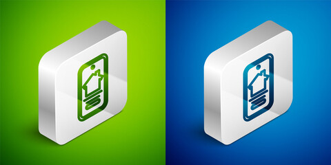 Isometric line Online real estate house on smartphone icon isolated on green and blue background. Home loan concept, rent, buy, buying a property. Silver square button. Vector