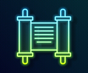 Glowing neon line Decree, paper, parchment, scroll icon icon isolated on black background. Chinese scroll. Vector