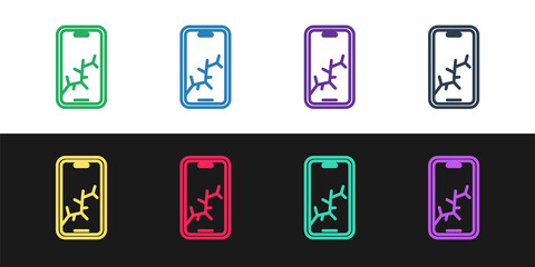 Set line Smartphone with broken screen icon isolated on black and white background. Shattered phone screen icon. Vector