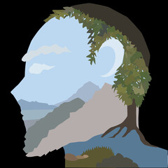 A drawing of a landscape inside the head of a Jew with a beard and a skullcap.
Mountains, sea, river, trees and stones, in the shape of a skull.
Artistic vector painting.