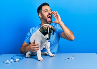 Handsome hispanic veterinary man with beard checking dog health shouting and screaming loud to side...